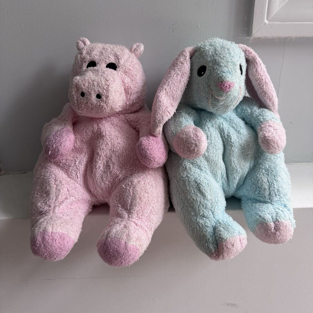 Lot 2: Ty Baby Plush Pillow Pals Hippobaby Pink Hippo Blue Bunny Rattle 2000 Toy